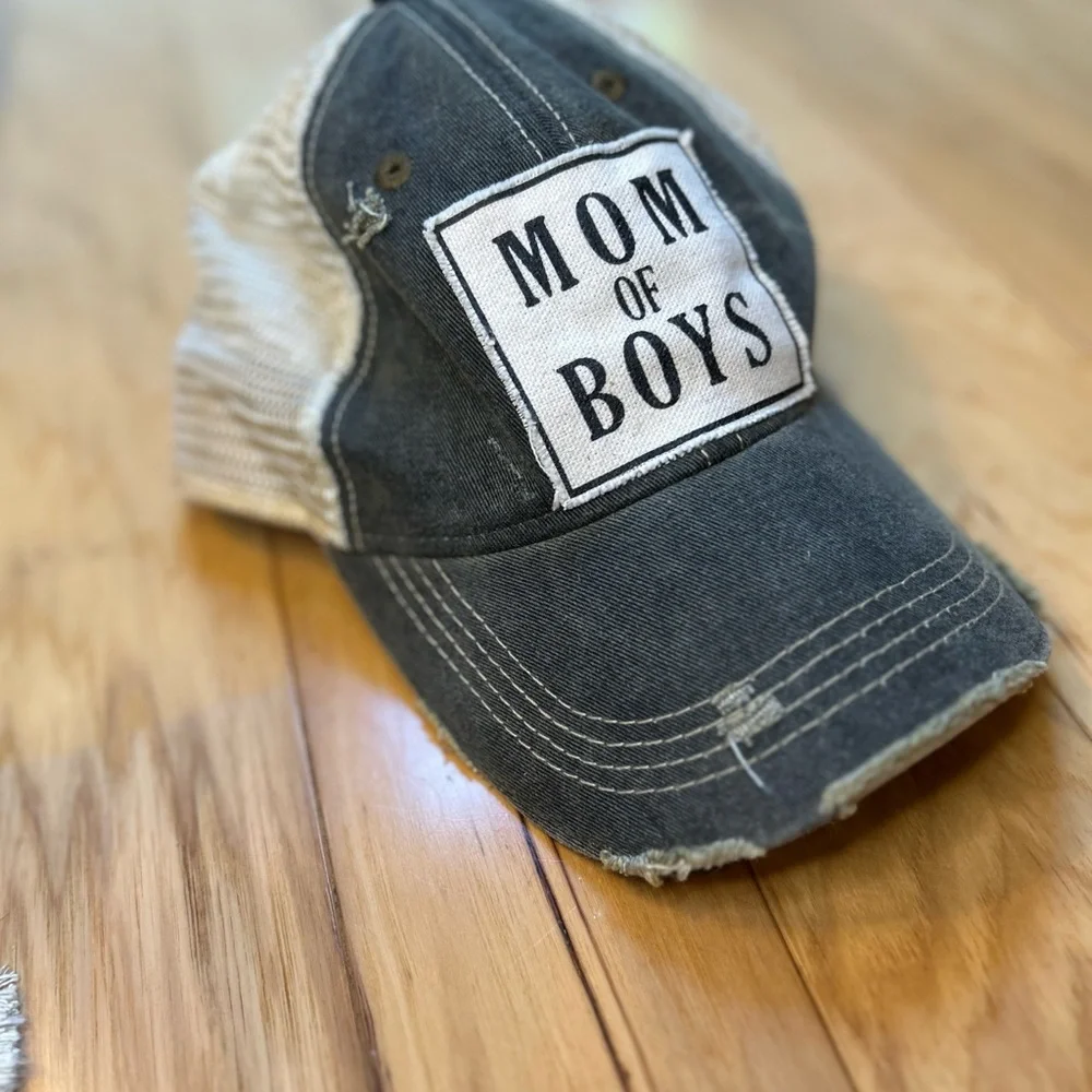 Vintage Distressed 'MOM OF BOYS' Trucker Hat Gray/Mesh #MomLife